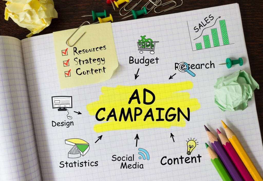 Notebook with Tools and Notes about Ad Campaign