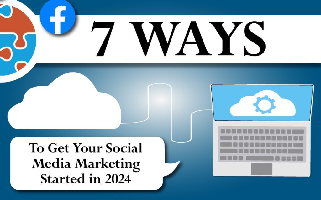 Infographic on "7 ways to get started with your social media marketing in 2024" with Facebook icon and cloud computing imagery.