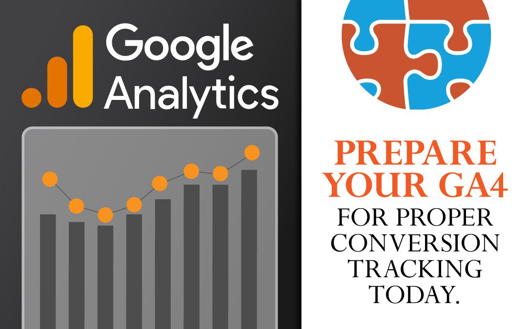 A promotional graphic encouraging preparation for Google Analytics 4 with a focus on conversion tracking, featuring an analytics chart. Get started now to stay ahead in 2024.