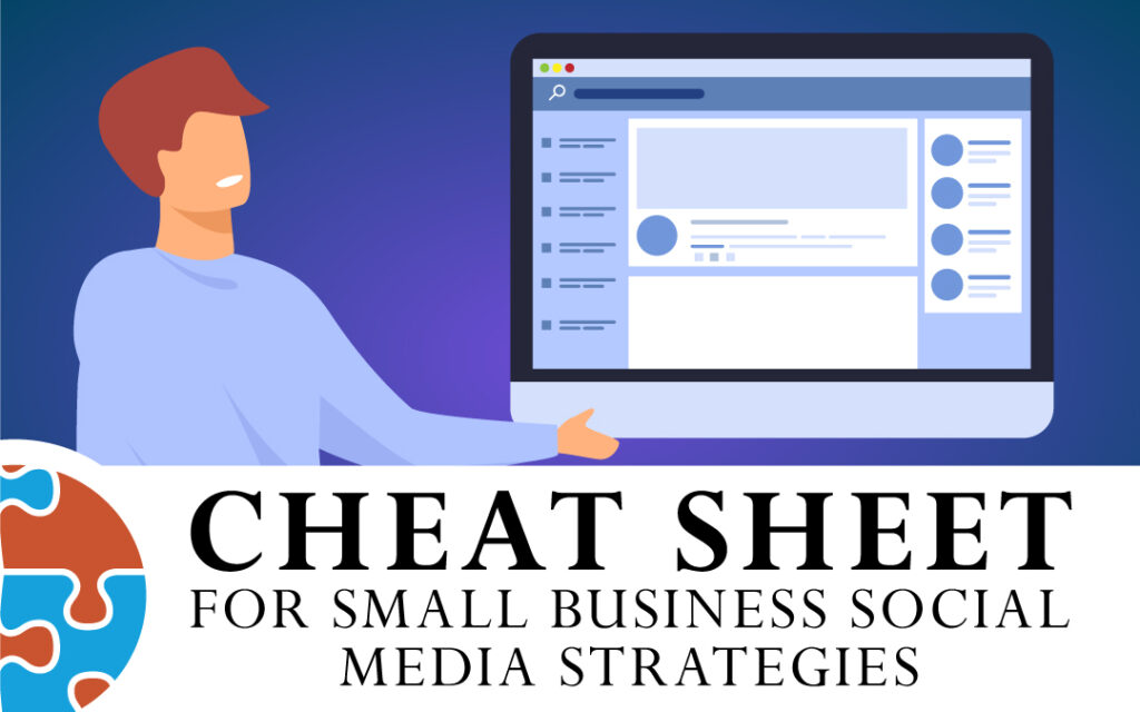 A man gesturing toward a computer screen displaying Google Ads strategies, with the text "cheat sheet for small business Google Ads strategies" on a blue background.