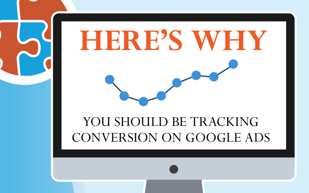 A computer screen displaying a graph with the text "HERE'S WHY YOU SHOULD BE TRACKING CONVERSION ON GOOGLE ADS" emphasizes the importance of Conversion Tracking.