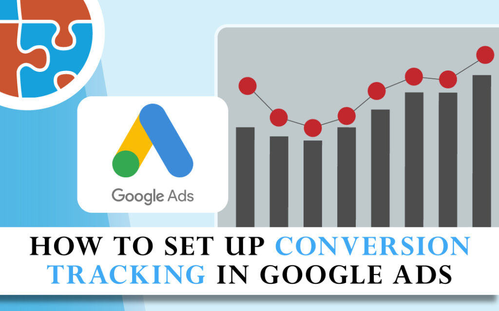 Infographic with a title "How to Set Up Conversion Tracking in Google Ads," featuring Google Ads logo, a bar and line graph, and a puzzle piece graphic.