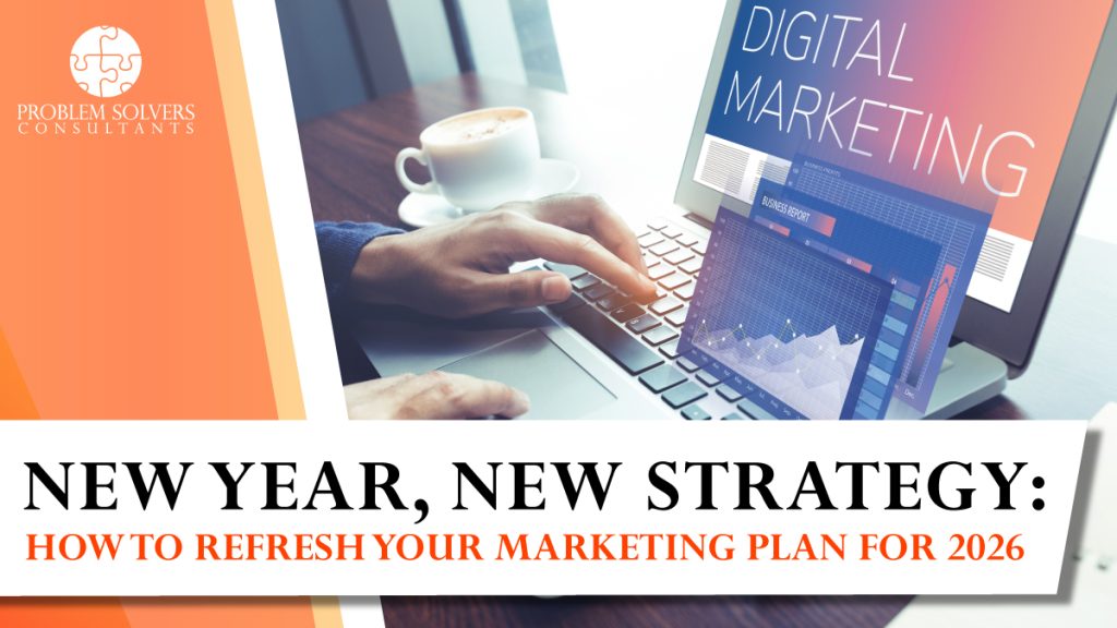 Person working on a laptop with digital marketing graphics; text overlay: “New Year, New Strategy: How to Refresh Your Marketing Plan for 2026.”.