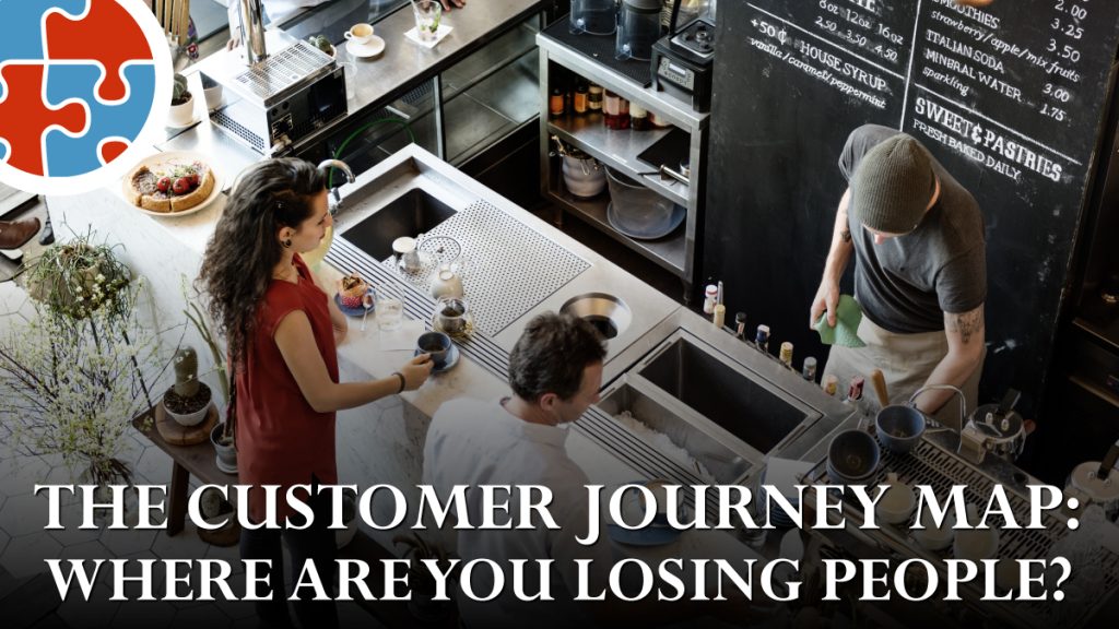 A barista prepares drinks for two customers at a coffee shop counter, with text overlay reading "The Customer Journey Map: Where Are You Losing People?.