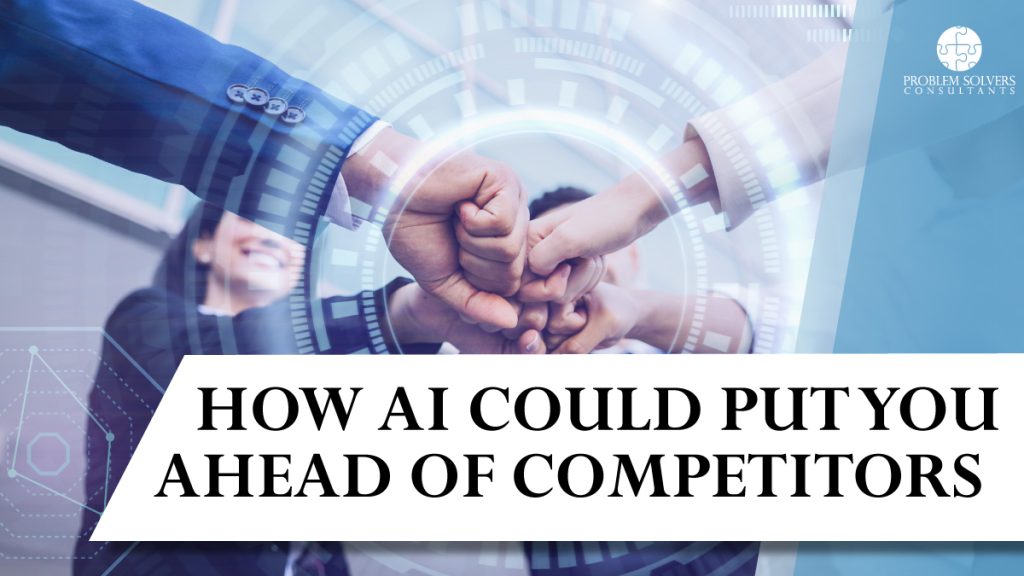 Four people fist-bumping as a team in an office, with digital graphics overlay and the text “How AI Could Put You Ahead of Competitors.”.