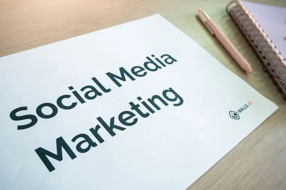 A paper titled “Social Media Marketing” lies on a wooden desk next to a pink pen and a spiral notebook.
